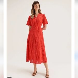 Review Red Eyelet Midi Dress Size 6 Fit & Flare Short Sleeve Button Front